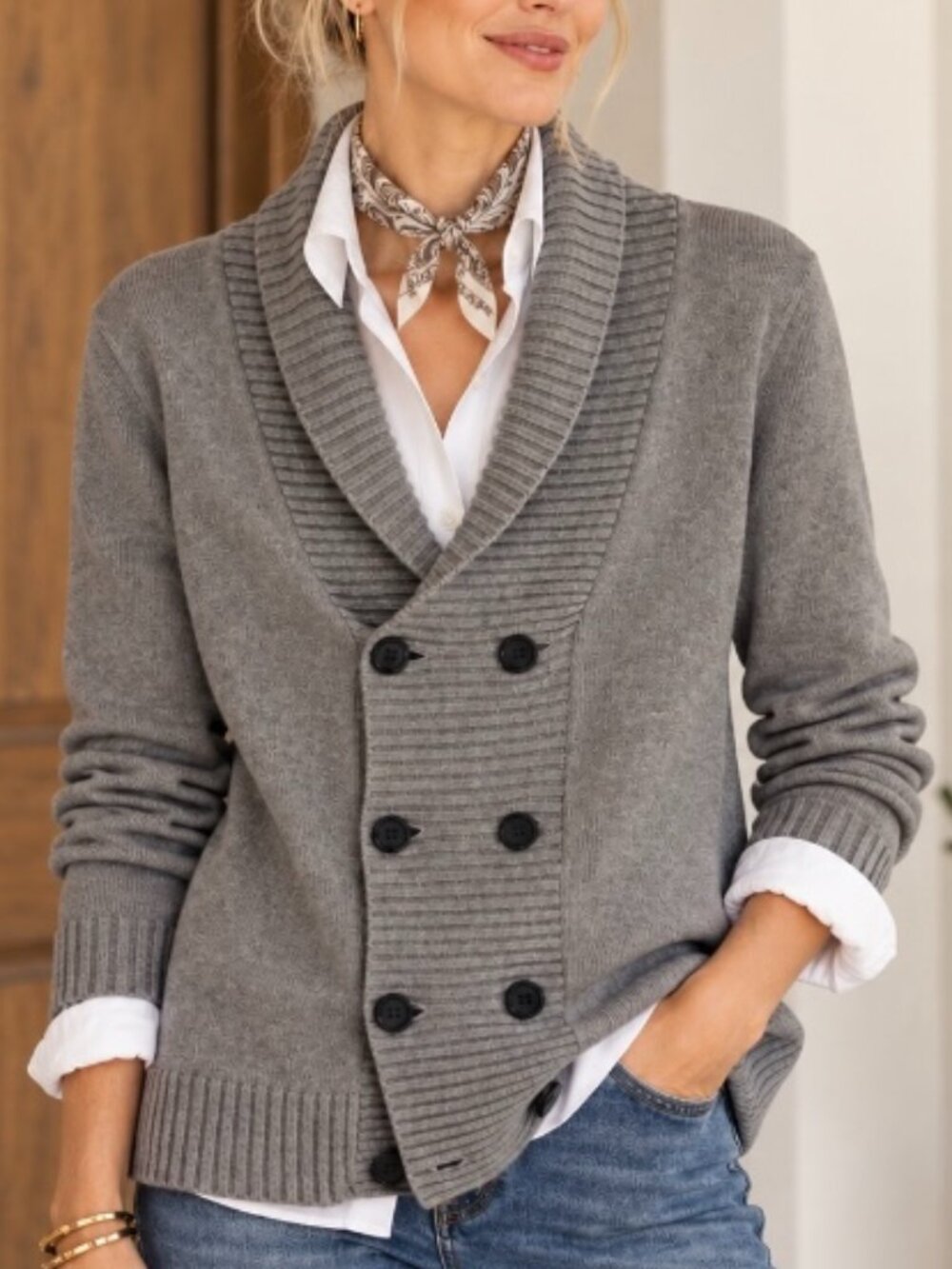 Women's double breasted cardigan gray size S oversized casual cozy fall